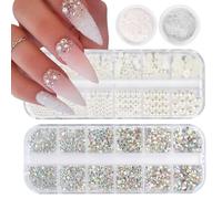 4 Boxes Nail Charms for Nail Art Rhinestones Flatback Pearls Chrome Nail Powder, Glitter Nail Accessories for Acrylic Nails, Crystal Nail Gems Half Round Design, Nail Supplies for DIY Manicure Crafts