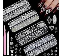 4 Boxes Ultimate 3D Nail Art Supplies Kit, Silver/Gold Rhinestones, Chrome Powder, & Solid Nail Glue Gel, Professional Manicure Decoration Tools