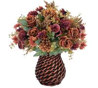 4 Bunches Autumn Artificial Flowers with Vase Faux Rose Hydrangea Flowers | Orange Fake Flowers in Vase Mixed Silk Hydrangea Rose Daisy Bouquet Fall Flowers Decor for Table Wedding Kitchen Home Decor