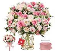 4 Bunches Pink Artificial Flowers Roses Bouquet, Faux Flower That Look Real, Pretty Fake Flowers for Wedding Party Table Centerpiece Bridal Bouquet Floral Arrangement Home Décor-With Organza Ribbon