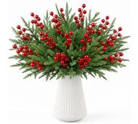4 Bundles Christmas Artificial Norfolk Pine Branches with Red Berry | 37cm Realistic Greenery Stems for Christmas Table Centre, Mantel, Wreath, Tree Fillers & Staircase Home Decor