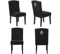 (4 CHAIRS, BLACK VELVET) Velvet Dining Chairs , 12 Button Detail, Stud Detail, Lion head knocker