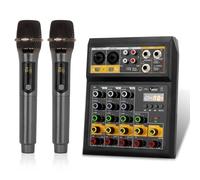 4 Channel Audio Mixer with Dual Wireless Microphone Plastic DJ Mixer Sound Board Console Bluetooth 48V Phantom Power USB Interface for Band Karaoke Studio Recording
