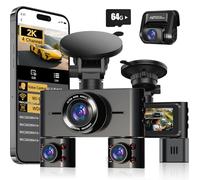 4 Channel Dash Cam Front and Rear Inside, 360° Car Camera 2K FHD, Dash Camera for Cars Built-in Wi-Fi, Dashcam with 64GB Card, Voice Control, WDR Night Vision, 24H Parking Mode (V7)