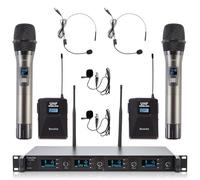 4 Channel UHF Wireless Microphone System, 2 Wireless Handheld Microphones and 2 Lapel Microphones for Karaoke, Churches, Conferences, Meetings and Parties, Adjustable Frequency 4x25