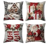 4 Christmas Pillow Covers Featuring Cozy For Holiday Designs Including Santa, Snowy House, And Stockings, Suitable For Sofa, Bed, Or Armchair Decoration