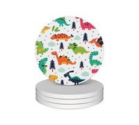 4 Circular Colorful Dinosaurs Coasters, Ceramic Home Decor Coasters With Anti Slip Cork Base, Tea And Coffee Coasters, Christmas Coasters.