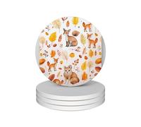4 Circular Cute Fox Squirrel Hedgehog Rabbit Bird Coasters, Ceramic Home Decor Coasters With Anti Slip Cork Base, Tea And Coffee Coasters, Christmas Coasters.