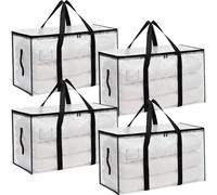 4 Clear Clothes Storage Bags with Zips Lids & Backpack Straps, 95L Heavy Duty Transparent Large Moving Boxes Plastic Waterproof Wardrobe Organiser Packing Bag for Dorm Christmas Decorations Travelling