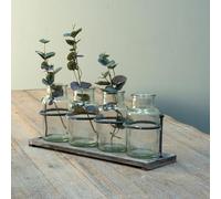 4 Clear Glass Bud Bottle Vases Wooden Rack Mini Small Vintage Table Display Small Bud Vase, Glass Bottle, Wedding Table Centrepiece Flower Display Vase