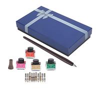 4 - Color Dip Pen with Replaceable Nib Kit, Wood Pole Fountain Pen for Calligraphy Writing, Art Hook Line Pen Set with Stainless Steel Nibs and Ink Bottles for Gothic Italian (SP098019 brown pen
