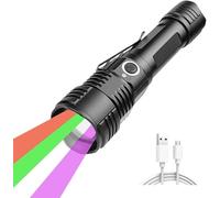 4 Color in 1 LED Torch Super Bright, Rechargeable Red Green White and UV Light Flashlight, Zoomable Waterproof Multicolor Torches, Photography Light with 18650 Battery for Camping Hunting Fishing