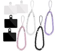 4 Colors Crystal Beads Mobile Phone Lanyard Strap + 4 Pieces Phone Tether Tab Sticker Pad, Colorful Bling Short Hand Wrist Lanyard Necklace Hanging String for Girl Women Mobile