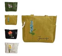4 Colors Custom Birth Flower & Name on Cute Corduroy Shoulder Bag, Personalized Birth Flower Corduroy Tote Bag (Yellow)