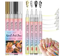 4 Colors Metallic Nail Art Pen Set - Black, White, Gold & Silver, 0.7mm Fine Tip Acrylic Paint Markers for DIY Nail Painting, Quick-Dry Waterproof Polish Pens for Detailed Designs at Home