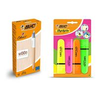 4 Colour Wood Effect Pens 12 Pack and Neon Highlighters 4 Pack Bic Multi One Size