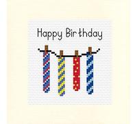 4 Coloured Ties on The Line, Happy Birthday - 14 Count Cross Stitch Card Kit (Ivory Linen Card)
