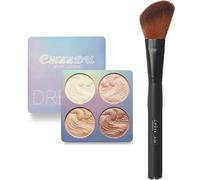 4 Colours Baked Powder Highlighter n Bronzing Face Contour Palette + LyDia Black Angled Face Blusher, Highlighter, Bronzer, Contour Blending Makeup Brush F-09