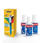 4 Colours Grip Pens Pack of 12 & Tipp-Ex Correction Fluid Pack of 3 Bic Multi One Size