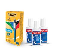 4 Colours Original Pens Pack of 12 & Tipp-Ex Correction Fluid Pack of 3 Bic Multi One Size