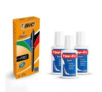4 Colours Pro Pens Pack of 12 & Tipp-Ex Correction Fluid Pack of 3 Bic Multi One Size