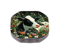 4 Compartment Small Pill Box, Wildflowers Cute Cow Watertight Durable Travel Pill Organizer Daily Portable Vitamin Fish Oil Supplements Medicine Holder