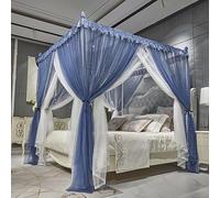4 Corners Post Princess Mosquito Net Curtains Bed Canopy for Girls Curtain- Double Layer Sheer Mesh Canopies Drapes Girls Room Decor (Blue-Navy, King)
