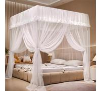 4 Corners Post Solid Color Princess Bed Canopy Curtain Cozy Drape Netting 3 Opening Mosquito Net for Girls Adults Bedroom Decoration (Full, White)
