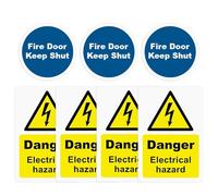 4 Danger Electrical Hazard and 3 Fire Door Keep Shut Sign, Self-Adhesive Vinyl Sticker, Matte Finish, Safety Warning Signs for Electrical Areas