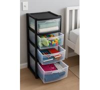 4 Drawer Plastic Storage Tower - Black/Clear | Large Durable Drawer Unit for Toys, Office, School, Crafts & Home | Transparent Drawers Organizer | Vertical Plastic Storage Solution 80x38x38cm (Black)