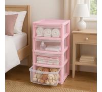 4 Drawer Plastic Storage Tower - Black/Clear | Large Durable Drawer Unit for Toys, Office, School, Crafts & Home | Transparent Drawers Organizer | Vertical Plastic Storage Solution 80x38x38cm (Pink)