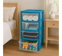 4 Drawers Plastic Storage Tower Blue Home Office School Unit Organizer Clear Storage Chest for Clothes Stationary Shoes Toys Art Supplies