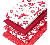 4 Fat Quarters Bundle - 'Peaceful Christmas - Red' Fabrics Featuring Deer, Doves and Festive Foliage. 100% Cotton for Quilting, Patchwork & Crafting (with Free Patchwork Pattern by Overdale Fabrics)
