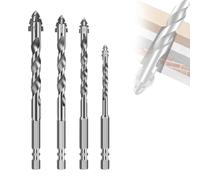 4 Flute Drill Bits, Four Edged Serrated Eccentric Carbide Drill Bit 1/4" Hex Shank Tile Drill Bit Masonry Drill Bits Set for Brick Walls Concrete Wood Metal (6,8,10,12MM)