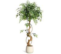 4 ft Artificial Ficus Tree with Curved Trunks, 120cm 3-Tier Fake Plant Faux Silk Trees with White Planter, Fake Ficus Tree for Home Decor, Artificial Plants Indoor for Indoor Office Living Room