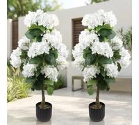 4 Ft Artificial Hydrangea Trees Potted, UV Resistant Faux Silk Hydrangea Plant in Pot for Indoor Outdoor Decoration, Hydrangea Topiary for Garden Office Home Porch Patio Decor (White)