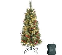 4 ft Prelit Christmas Tree with 70 LED Lights Battery Opreated, 230 Branch Tips & Metal Stand Red Berries & Pine Cone Slim Pencil Christmas Decoration Tree for Indoor and Outdoor Narrow Space