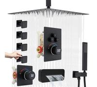 4 Functions Digital Display Diverter Valve Shower System, 12 Inch Ceiling Mounted Rain Shower Set with Body Jets, Concealed Waterfall Bath Tap, Can Use All Options at A Time, Matte Black