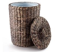 4 Gallons Wicker Waste Basket - Water Hyacinth Bathroom Trash Can - Garbage Can with Lid Boho Style - Wicker Trash Can with Lid for Bedroom, Kitchen - Removable Liner, Handwoven (Black Color)