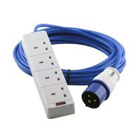 4 Gang 16A Electric Hook Up Extension Lead 4 Socket 1.5mm Blue Cable Camping Caravan Motorhome All Lengths 2M 5M 10M 15M 20M 25M (10M)