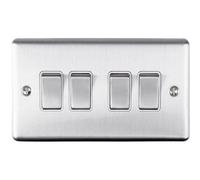 4 Gang Quad Light Switch SATIN STEEL 2 Way 10A White Trim & Metal Rocker