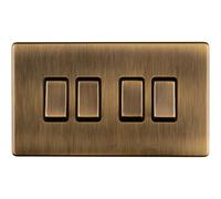 4 Gang Quad Light Switch SCREWLESS ANTIQUE BRASS 2 Way 10A Metal Rocker Slim
