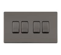 4 Gang Quad Light Switch SCREWLESS Black Nickel 2 Way 10A Metal Rocker Slim - Decorative Kitchen Living Room Bedroom Plate