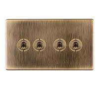 4 Gang Quad Retro Toggle Light Switch SCREWLESS Antique Brass 10A 2 Way Lever - Classic Vintage Style Flick Lever Wall Plate