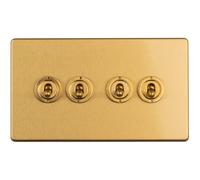 4 Gang Quad Retro Toggle Light Switch SCREWLESS SATIN BRASS 10A 2 Way Lever