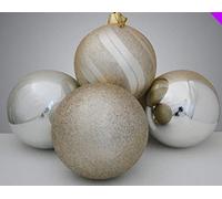 4 Giant Glittered And Shiny Christmas Tree Baubles x 15cm - Xmas Decoration (Champagne Gold)