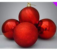 4 Giant Glittered And Shiny Christmas Tree Baubles x 15cm - Xmas Decoration (Red)
