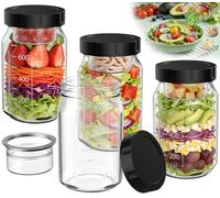 4 Glass Salad Jars with Lids, 800ml+150ml Wet/Dry Separation Cup, Black