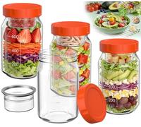 4 Glass Salad Jars with Lids, 800ml+150ml Wet/Dry Separation Cup, Orange
