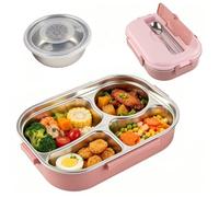 4-Grid Stainless Steel Lunch Box, Bento Box with Spoon Portable Salad Food Storage Container PinkFor Student Adult Office Travel